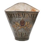 A French galvanized metal grape hod: of traditional tapering design: with painted coat of Arms for