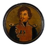 A 19th century papier mache snuff box: the circular lid decorated with a portrait of a military