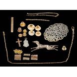 Various items to include a greyhound brooch: stamped 'Silver', five gold dress studs, a gold chain,