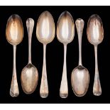 Six Georgian silver Hanoverian pattern tablespoons, various makers and dates: initialled or crested,
