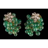 A pair of emerald bead and diamond mounted ear clips: each in the form of a bunch of grapes with