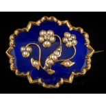 A 19th century blue enamelled, seed pearl and diamond mourning brooch: of floral motif design,