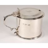 A Victorian silver mustard pot, maker John Bridge, London, 1837: initialled, of cylindrical form,