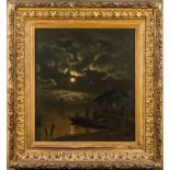 Georg Genschow [1828-1902] - Moonlit coastal scene, fishing lodge,