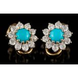 A pair of turquoise and diamond mounted circular cluster ear-clips: each with a central round