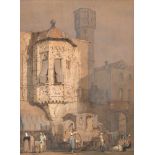Samuel Prout [1783-1852]- Coach and figures in a street scene, possibly Prague,:- signed S.