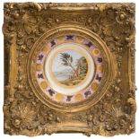 A pair of French porcelain plates: each painted with figures in a landscape and within pink and