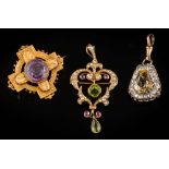 A gold, citrine and diamond 'keystone-shaped' cluster pendant brooch,: a peridot,