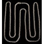 A silver long guard chain: of belcher linking approximately 148cm long, 101gms gross weight.
