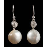 A pair of pearl and diamond two-stone drop earrings: together with a certificate from GCS stating