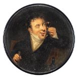 A 19th century papier mache snuff box: the circular lid decorated with a portrait of 'The Bee's