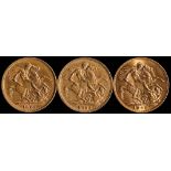 Two 'Young head' Victoria sovereigns dated 1878M and 1885M and a George V sovereign dated 1927SA.