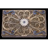 A Portuguese silver filigree and enamel card case, stamped marks,