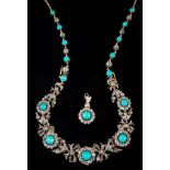 A turquoise and diamond mounted necklace: with 19th century circular clusters each with a central