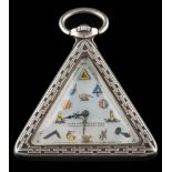 An early 20th century silver triangular Masonic pocket watch: the mother-of-pearl dial with 'Love