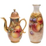A Royal Worcester fruit painted vase and a similar miniature coffee pot and cover: painted with