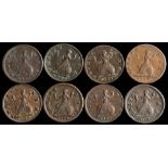 George II a collection of eight farthings: various dates include 1730,1732,1733,1734, 1735,
