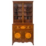 A 19th Century mahogany satinwood banded, inlaid and marquetry secretaire bookcase:,