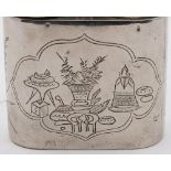 A Chinese silver smoker's pipe: of traditional design, the rectangular base with panels of animals,