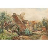 Oliver Baker [1856-1939]- The Watermill; farmstead with horse and wagon by an overshot mill,