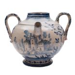 An Italian maiolica two-handled wet pharmacy jar: of globular form with upward-tilting spout and