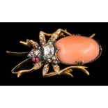 A 19th century coral, diamond and cabochon gem-set insect: with single-stone coral mounted body,