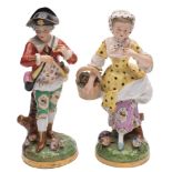 A pair of Continental porcelain figures: modelled as a huntsman and female companion with a basket