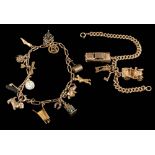 A double curb-link bracelet: with three 9ct gold charms and a bracelet with thirteen various