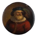 A 19th century papier mache snuff box: the circular lid decorated with a portrait of a gentleman