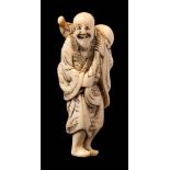 A Japanese carved ivory netsuke: depicting Chockaro Senin dressed in traditional robes decorated