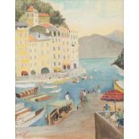 * Noel Coward [1899-1973]- Portofino; harbour view with figures on a quay and moored boats,