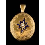 A 19th century enamelled oval locket: with central split-pearl-set star motif,