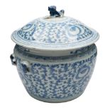 A Chinese blue and white bowl and cover: the domed cover with lion dog finial,