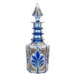 A 19th century Bohemian Persian market blue flashed and clear glass decanter and spire stopper: of