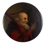 A 19th century papier mache snuff box: the circular lid decorated with a portrait of a bearded and
