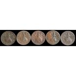 George I, four farthings: with varieties, together with a George II 1739/5 farthing, (5).