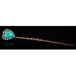 A turquoise and rose diamond heart-shaped stick pin: approximately 60mm total length.