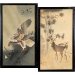 Two Japanese prints on silk: one depicting an Eagle perched on a tree stump,