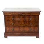 A 19th Century French mahogany rectangular commode:, with a white variegated marble top,