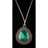 A pear-shaped malachite panel pendant/ brooch: stamped 'Silver' with mesh-link chain attached.