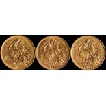 Three Victorian sovereigns; 'Young head' dated 1887S,