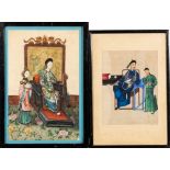 Two late 19th century Chinese rice paintings of court scenes: one depicting a seated empress on a