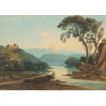 Circle of John Varley [19th Century]- Fisherman in a river valley,:- watercolour, 25 x 35cm.
