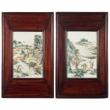 A pair of Chinese famille verte rectangular plaques: painted with extensive mountainous lake