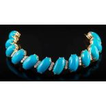 A turquoise and diamond mounted bracelet: with graduated oval turquoise-set links,