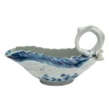 A Longton Hall blue and white cos lettuce sauceboat: with curved stalk, flowerhead and bud handle,