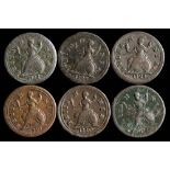 George I six copper farthings: various dates including 1719. 1720,1721, 1722, 1723, 1724, (6).