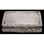 A George IV silver snuff box, maker Nathaniel Mills, Birmingham, 1827: inscribed,