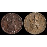 George II, two (double struck-high grade) copper farthings: 1730, 1744, (2).
