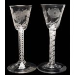 Two English wine glasses of Jacobite interest: each with rounded funnel shaped bowls,